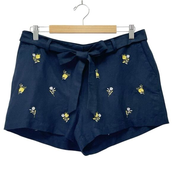 NWT LOFT Navy Blue Floral Embroidered Tie Waist Shorts Size 10 Linen Blend New - Picture 2 of 12